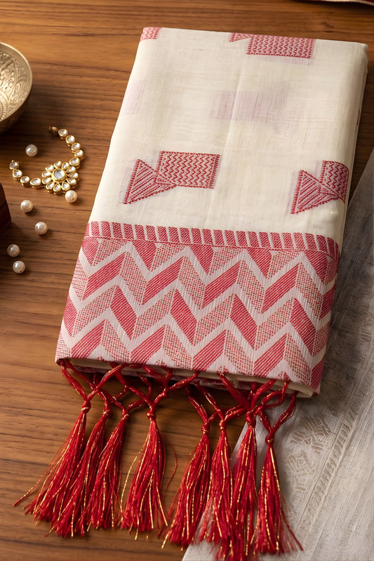 Amazing Off White Linen Woven Resham Designer Saree for Women