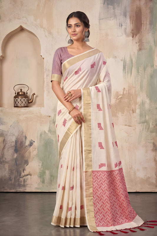 Amazing Off White Linen Woven Resham Designer Saree for Women