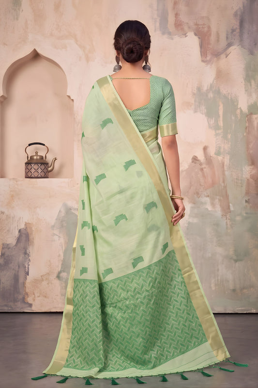 Graceful Pista Green Linen Woven Resham Designer Saree for Women