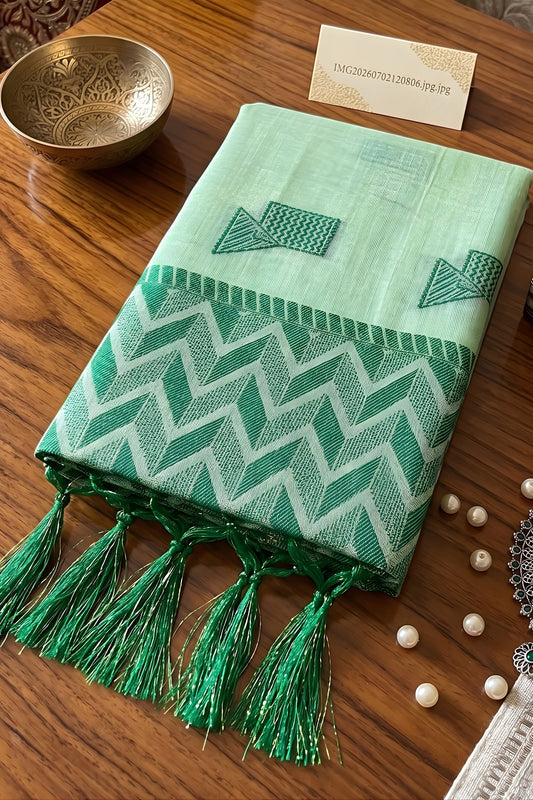 Graceful Pista Green Linen Woven Resham Designer Saree for Women