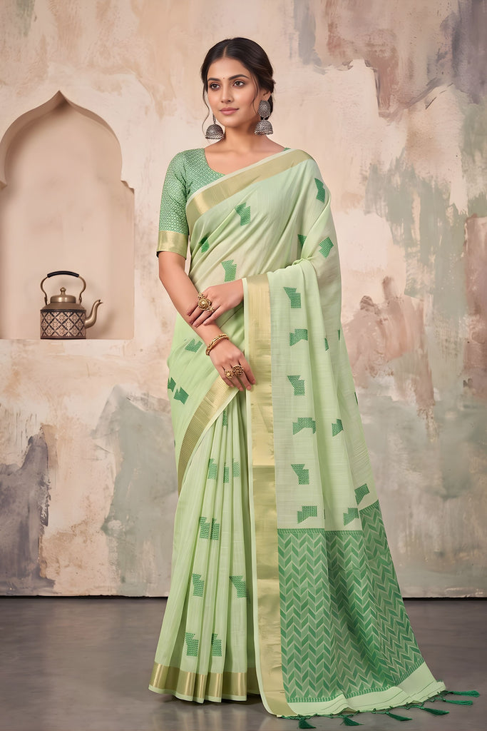 Graceful Pista Green Linen Woven Resham Designer Saree for Women