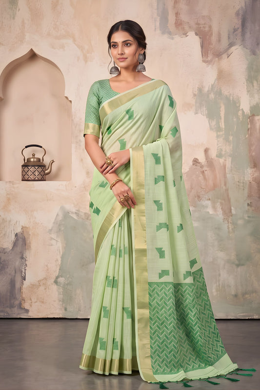Graceful Pista Green Linen Woven Resham Designer Saree for Women