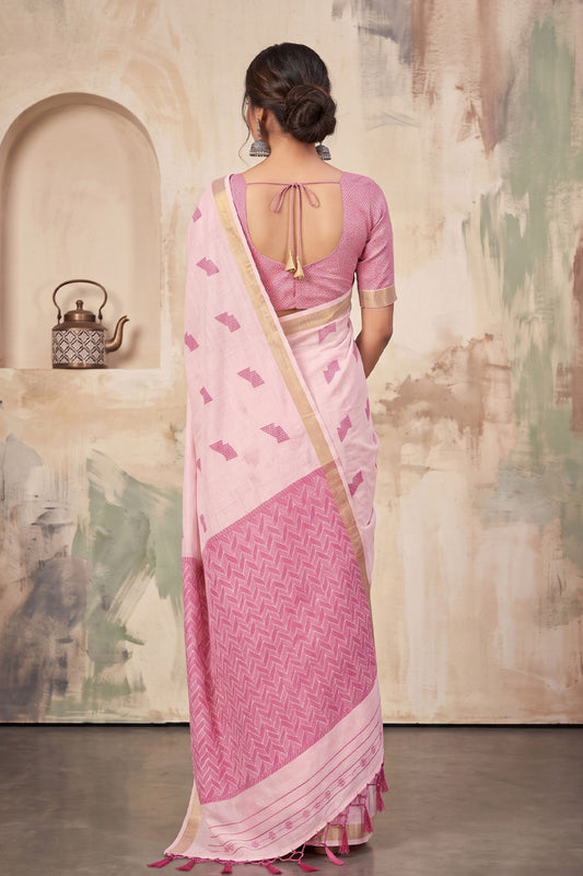 Beautiful Baby Pink Linen Woven Resham Designer Saree for Women