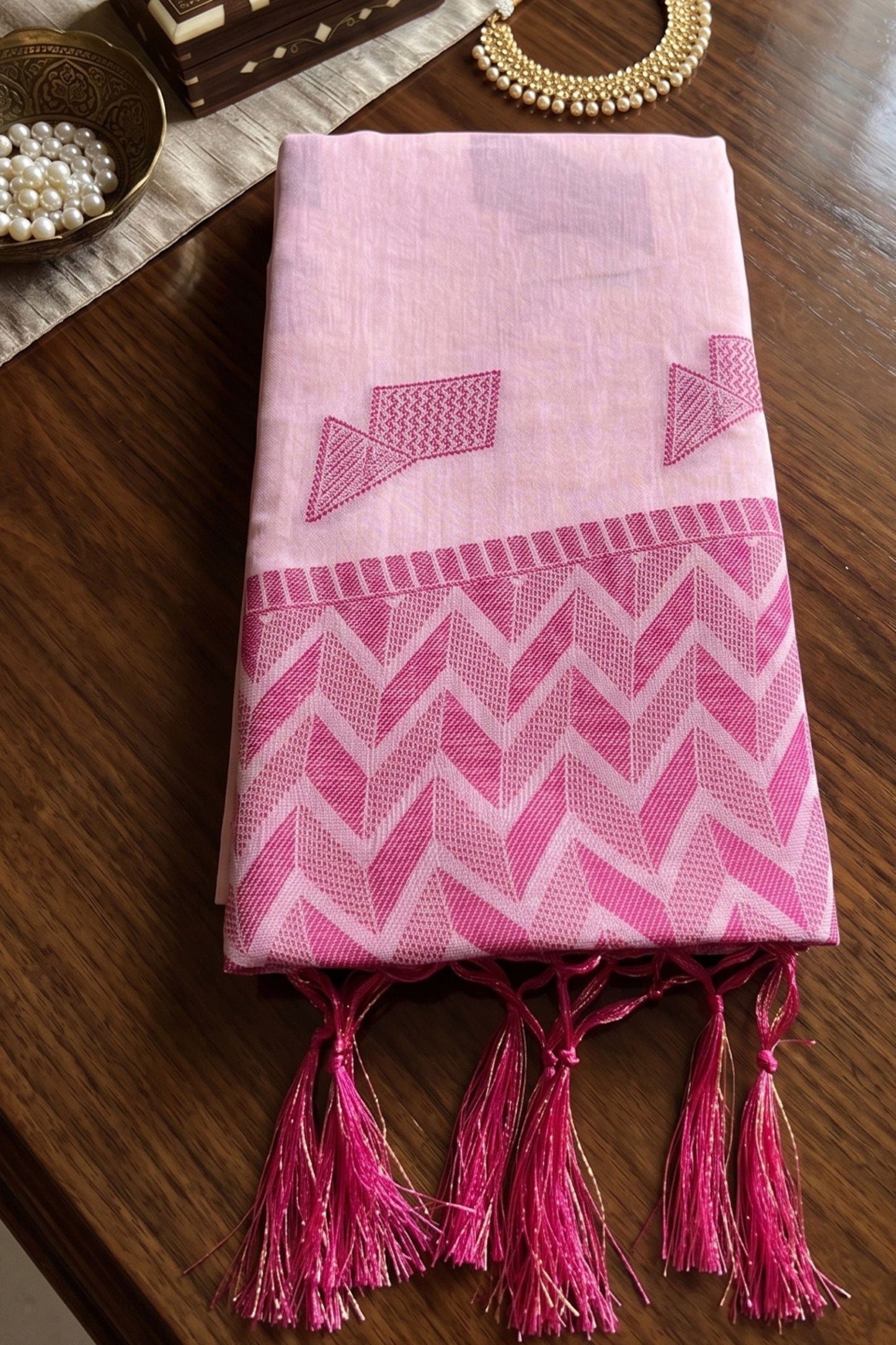 Beautiful Baby Pink Linen Woven Resham Designer Saree for Women