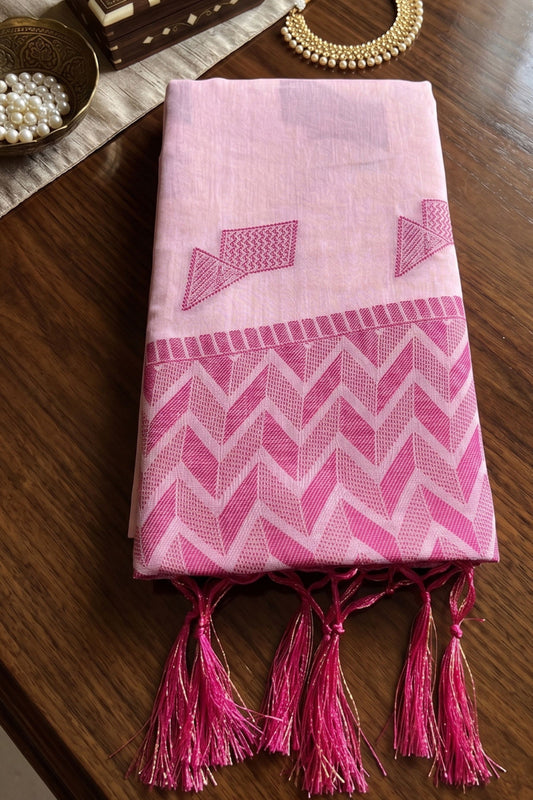 Beautiful Baby Pink Linen Woven Resham Designer Saree for Women
