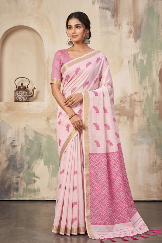 Beautiful Baby Pink Linen Woven Resham Designer Saree for Women