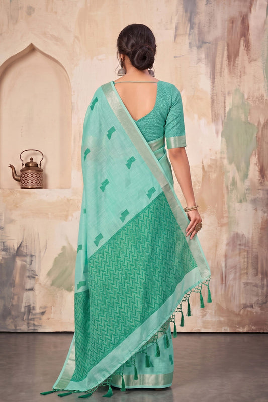 Graceful Aqua Blue Linen Woven Resham Designer Saree for Women