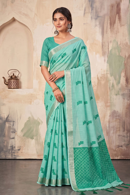 Graceful Aqua Blue Linen Woven Resham Designer Saree for Women