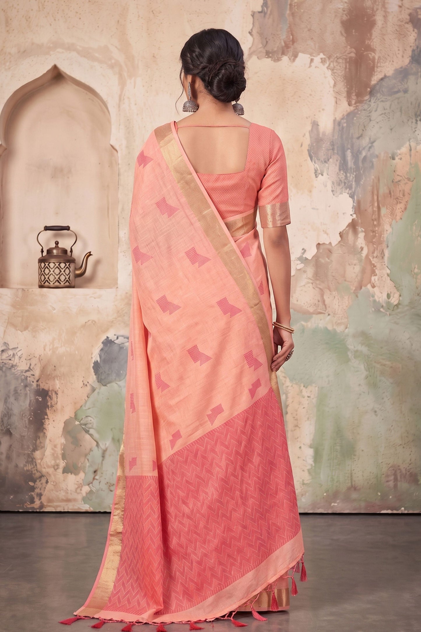 Premium Peach Linen Woven Resham Designer Saree for Women