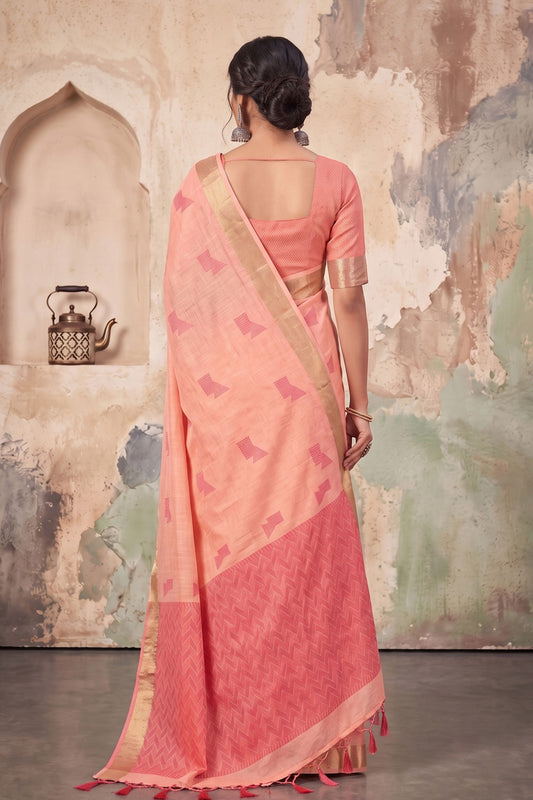 Premium Peach Linen Woven Resham Designer Saree for Women