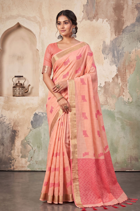 Premium Peach Linen Woven Resham Designer Saree for Women