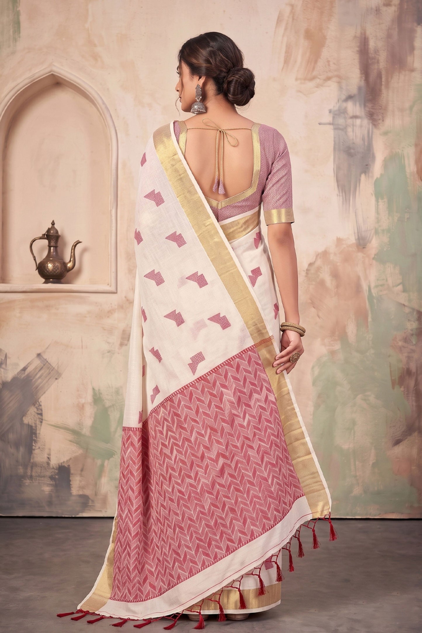 Stylish Cream Linen Woven Resham Designer Saree for Women