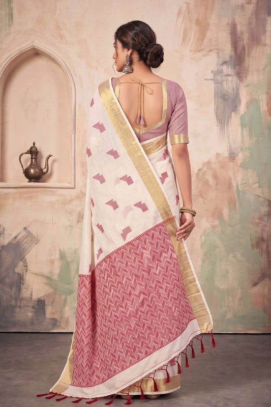 Stylish Cream Linen Woven Resham Designer Saree for Women