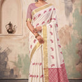 Stylish Cream Linen Woven Resham Designer Saree for Women