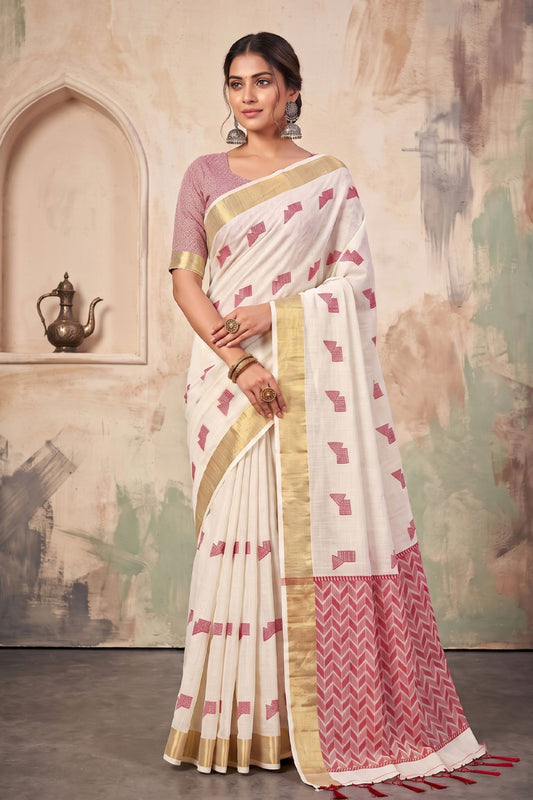 Stylish Cream Linen Woven Resham Designer Saree for Women