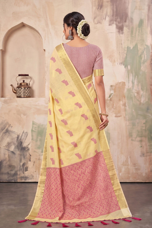 Graceful Lemon Yellow Linen Woven Resham Designer Saree for Women