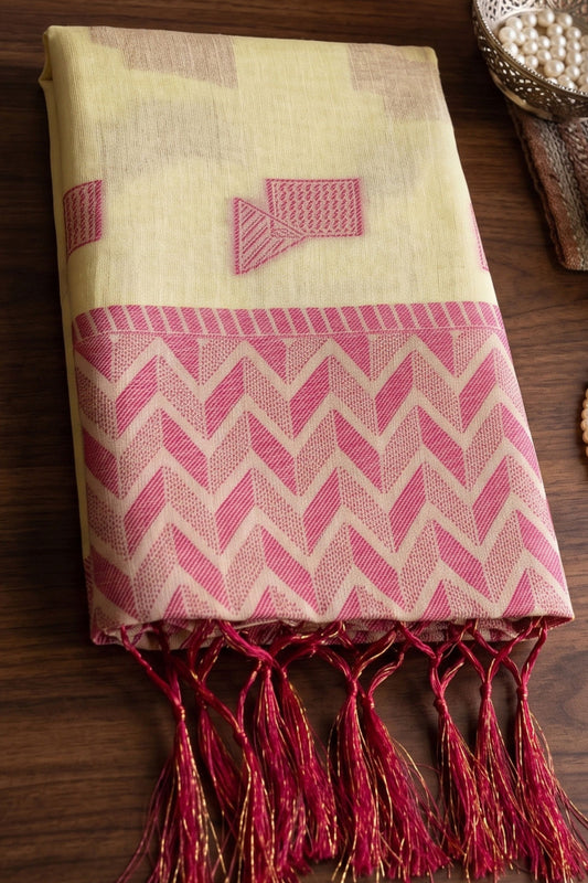Graceful Lemon Yellow Linen Woven Resham Designer Saree for Women