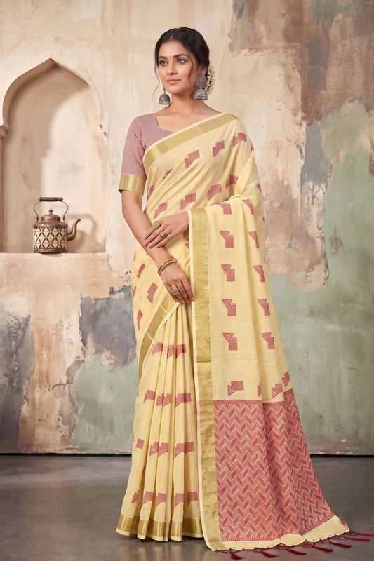 Graceful Lemon Yellow Linen Woven Resham Designer Saree for Women