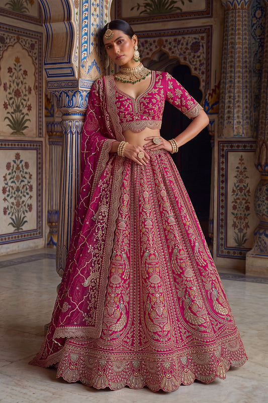 Luxury Rani Pink Designer Bridal Lehenga Choli with Embroidery Work and Net Dupatta