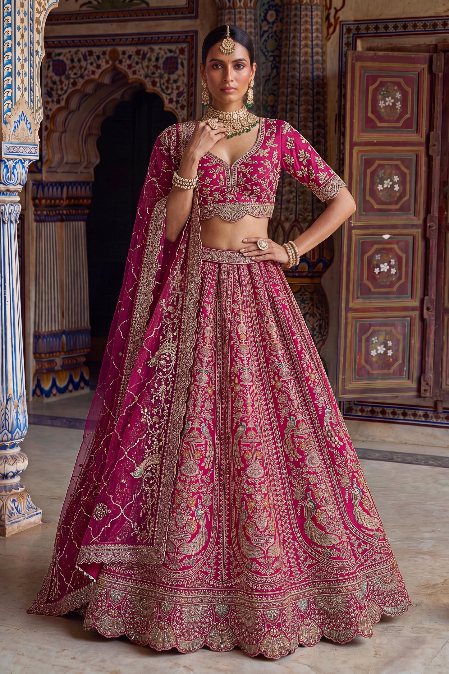 Luxury Rani Pink Designer Bridal Lehenga Choli with Embroidery Work and Net Dupatta
