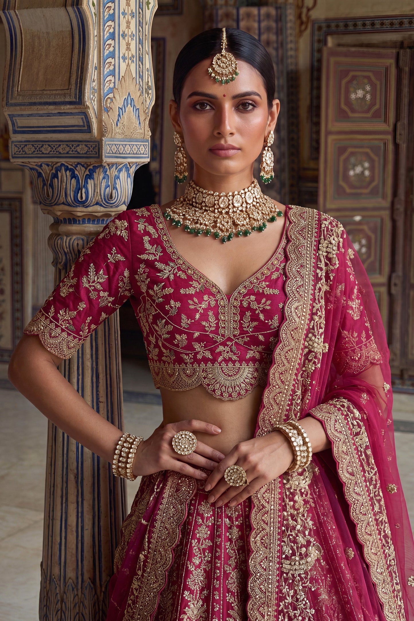 Luxury Rani Pink Designer Bridal Lehenga Choli with Embroidery Work and Net Dupatta
