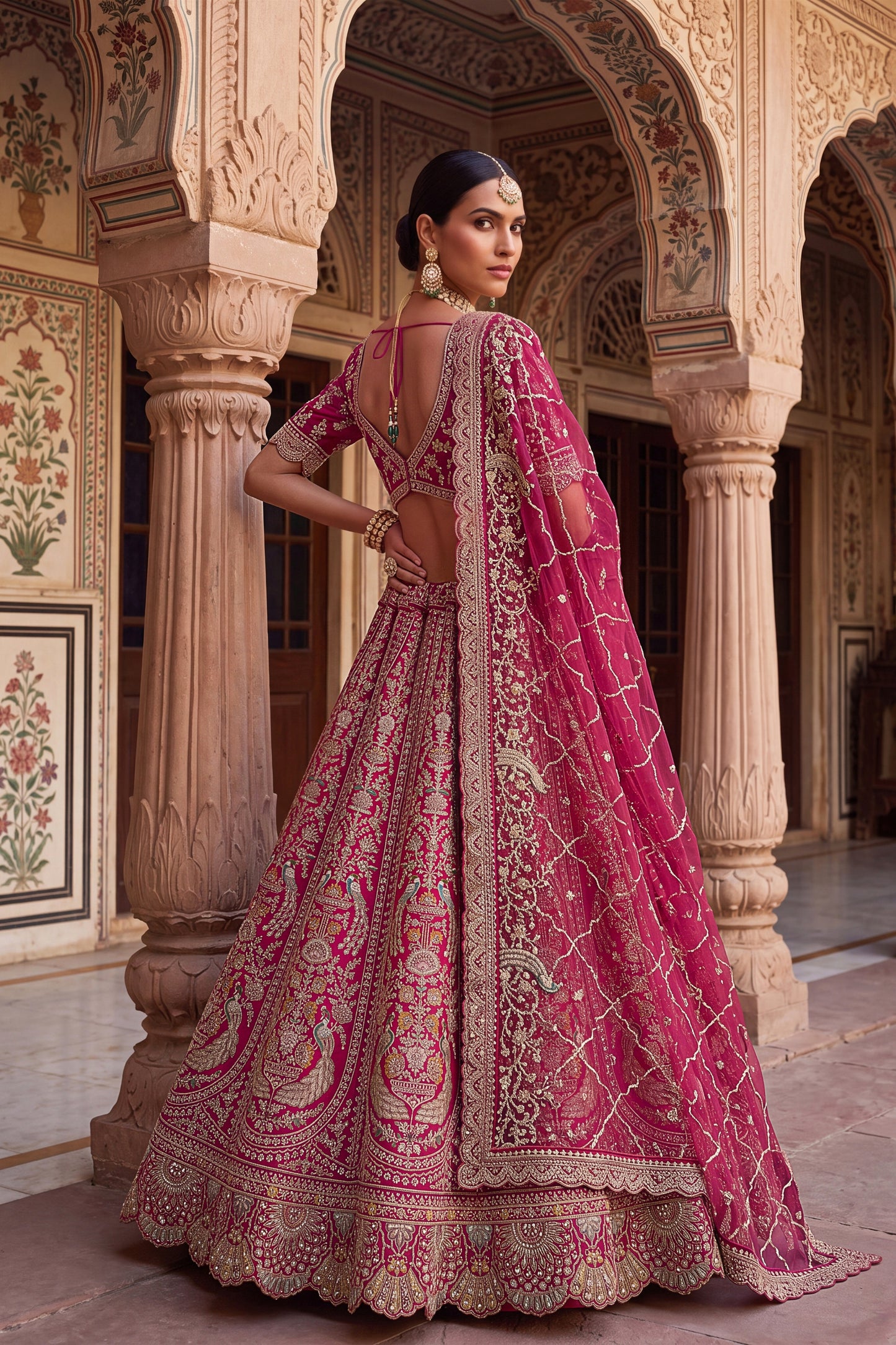 Luxury Rani Pink Designer Bridal Lehenga Choli with Embroidery Work and Net Dupatta