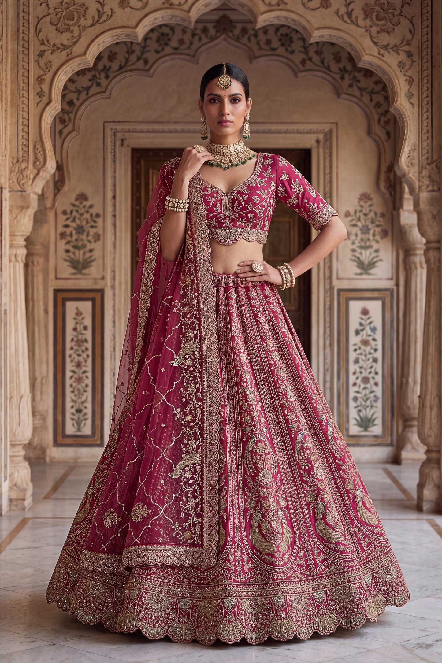 Luxury Rani Pink Designer Bridal Lehenga Choli with Embroidery Work and Net Dupatta