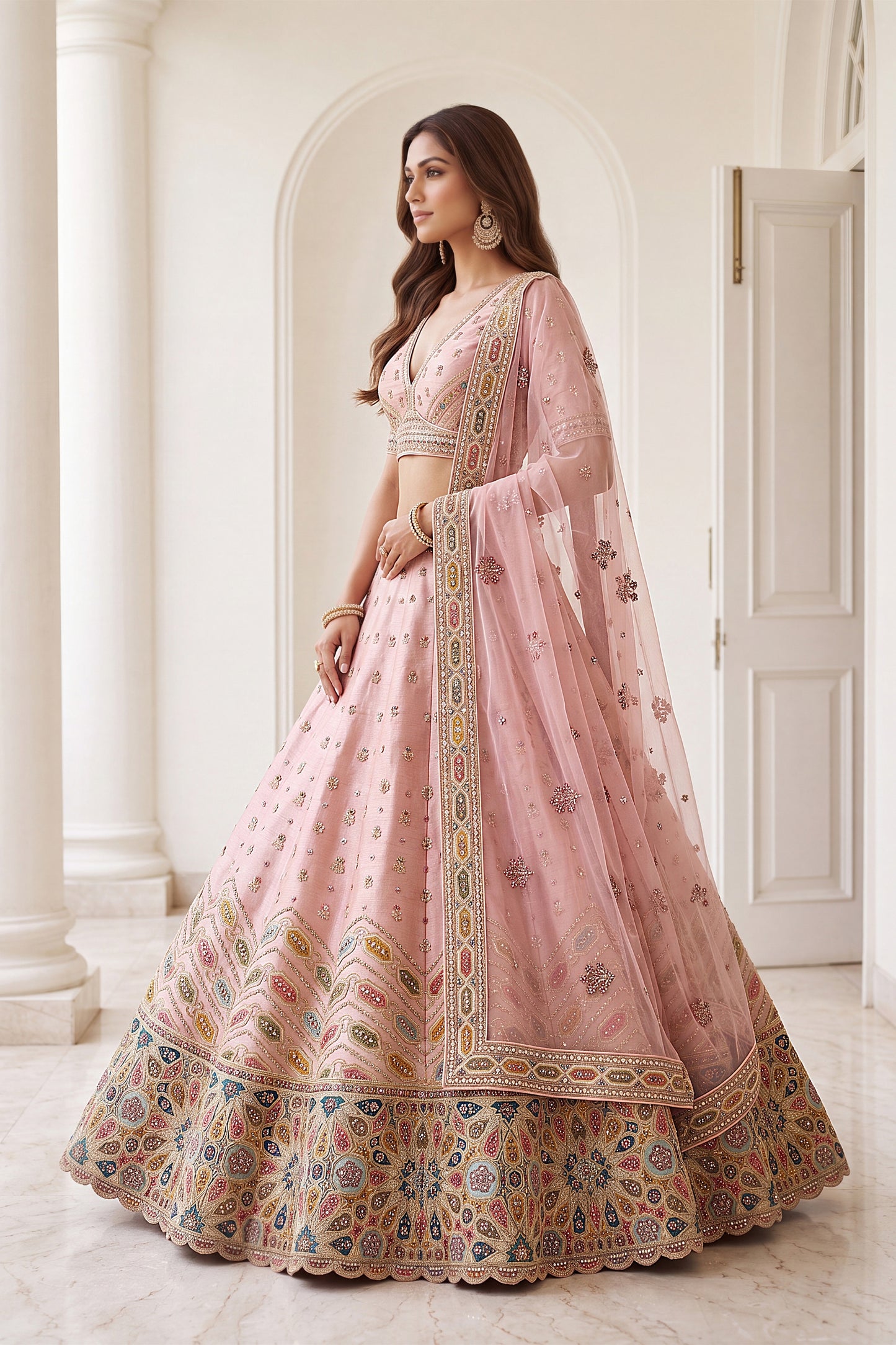 Lovely Pink Designer Bridal Lehenga Choli with Heavy Multicolor Embroidery Work and Net Dupatta