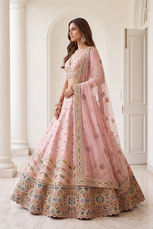 Lovely Pink Designer Bridal Lehenga Choli with Heavy Multicolor Embroidery Work and Net Dupatta