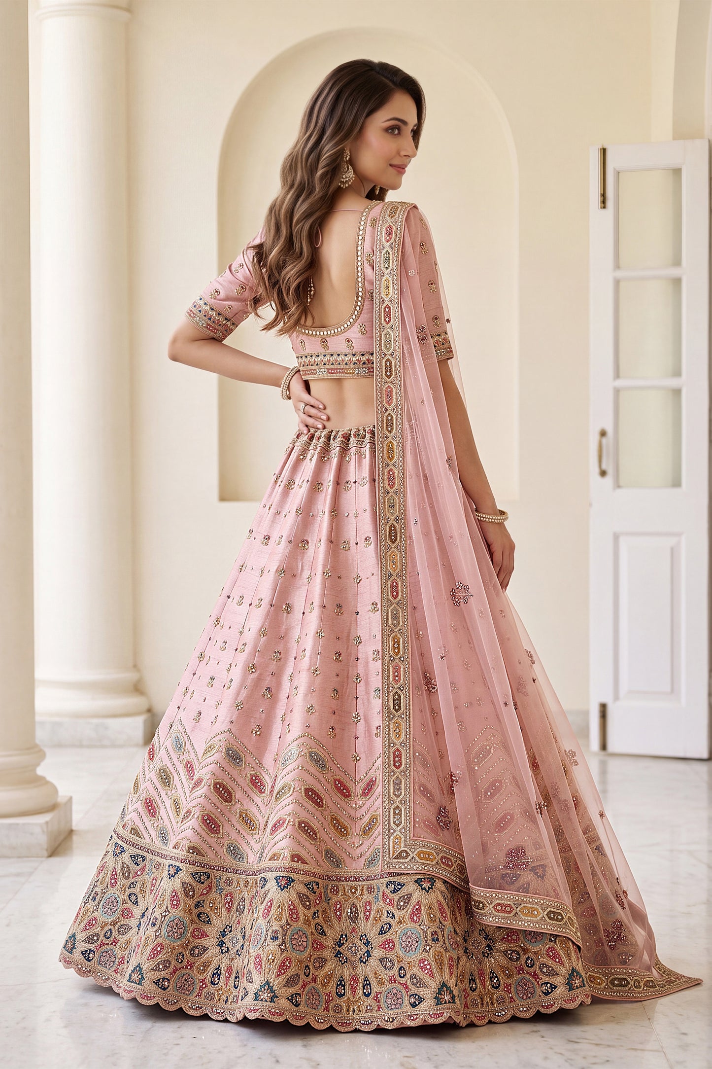 Lovely Pink Designer Bridal Lehenga Choli with Heavy Multicolor Embroidery Work and Net Dupatta