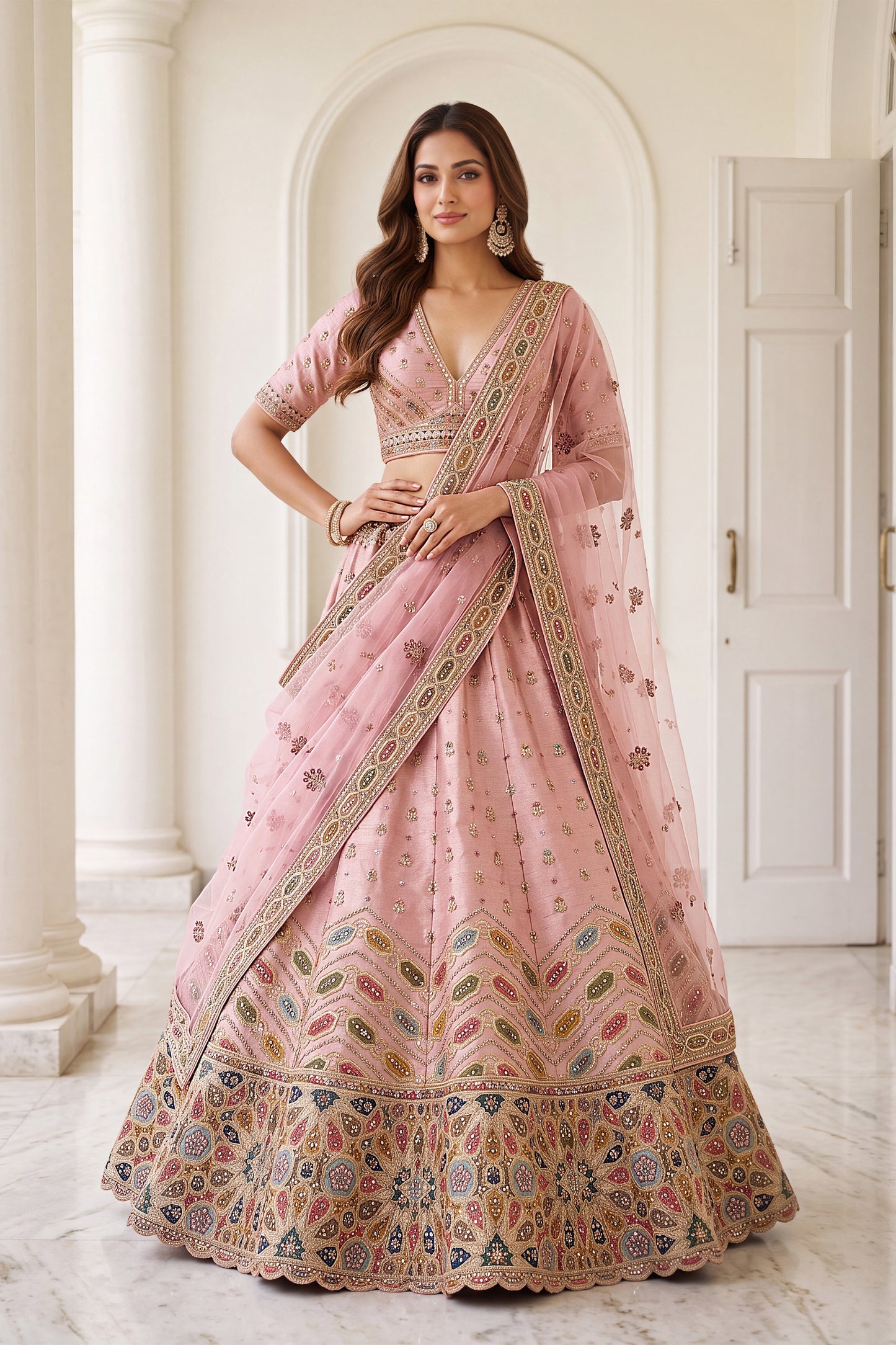 Lovely Pink Designer Bridal Lehenga Choli with Heavy Multicolor Embroidery Work and Net Dupatta