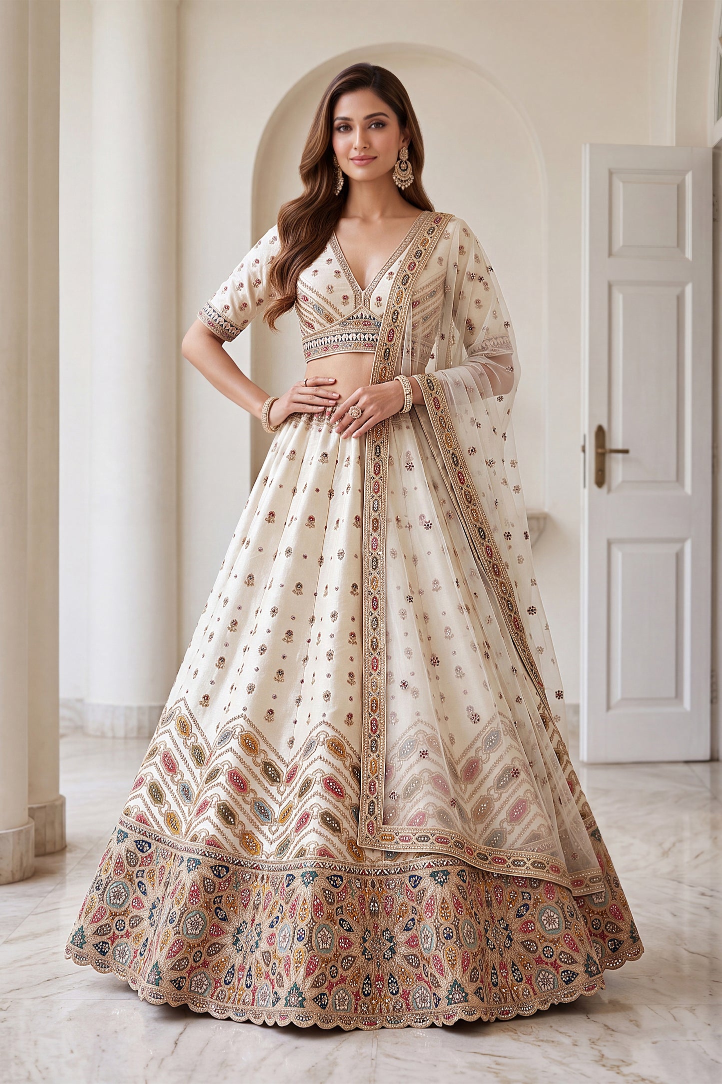 Charming Off White Designer Bridal Lehenga Choli with Heavy Embroidery Work and Net Dupatta