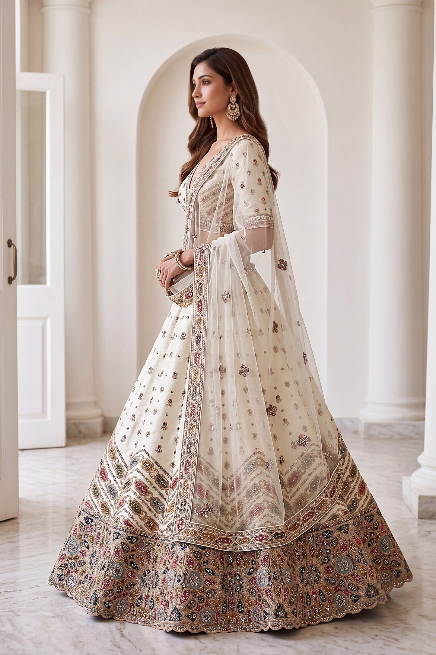 Charming Off White Designer Bridal Lehenga Choli with Heavy Embroidery Work and Net Dupatta