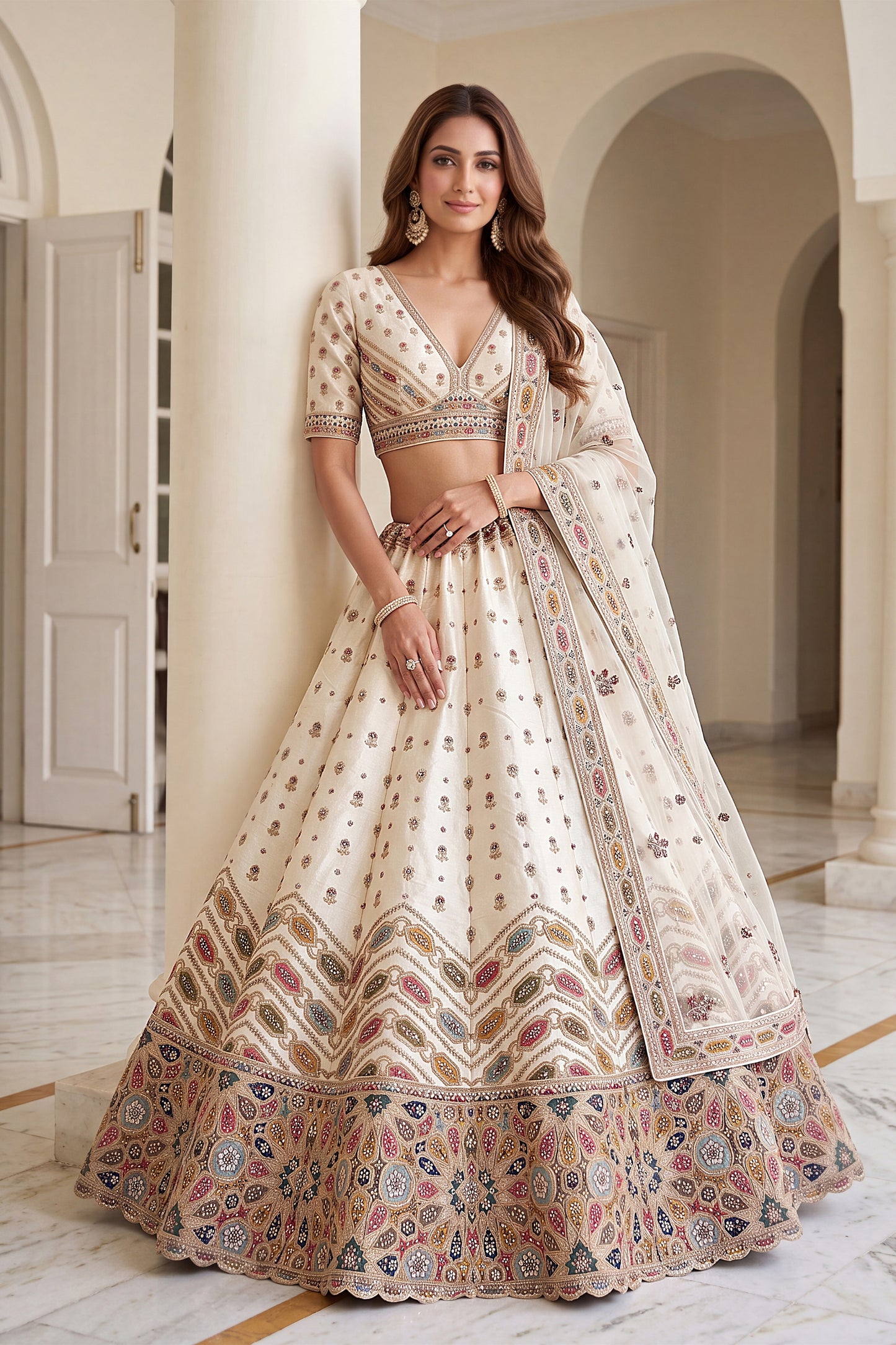 Charming Off White Designer Bridal Lehenga Choli with Heavy Embroidery Work and Net Dupatta