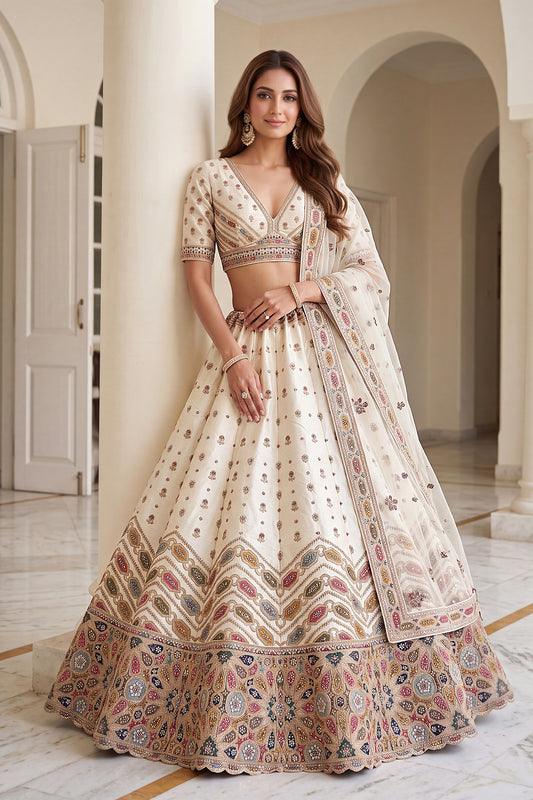 Charming Off White Designer Bridal Lehenga Choli with Heavy Embroidery Work and Net Dupatta