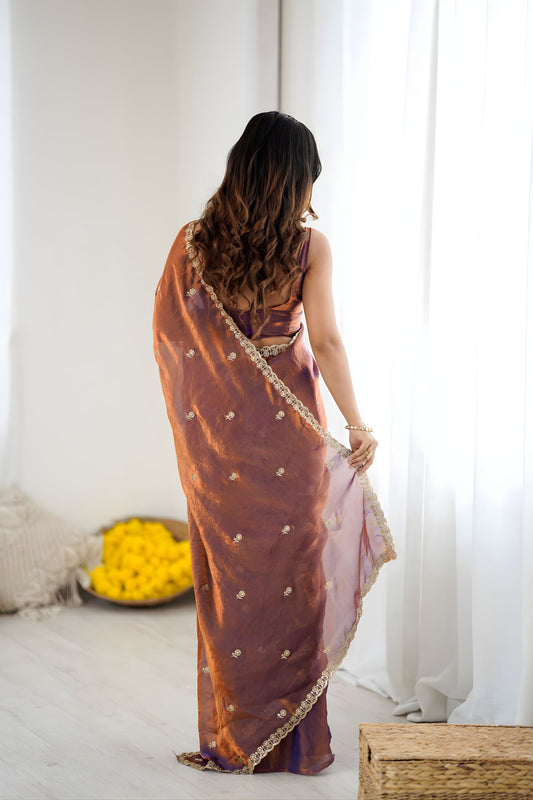 Elegant Purple Fendy Satin Saree Embroidery Work for Women