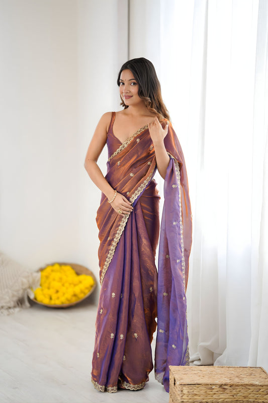 Elegant Purple Fendy Satin Saree Sequence Embroidery Work for Women