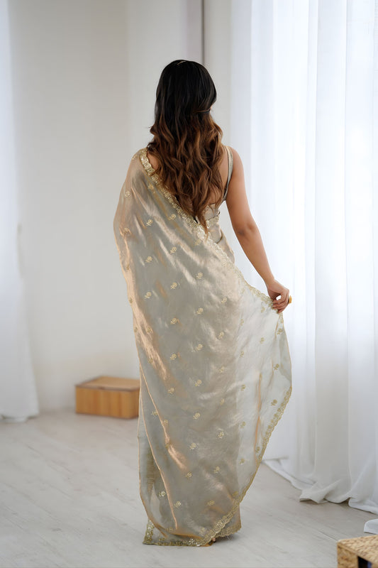 Premium Grey Fendy Satin Saree Embroidery Work for Women