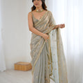Premium Grey Fendy Satin Saree Sequence Embroidery Work for Women