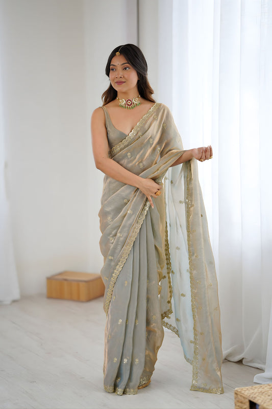 Premium Grey Fendy Satin Saree Sequence Embroidery Work for Women