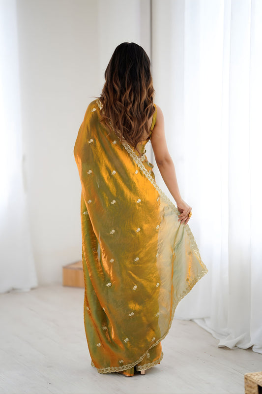 Premium Olive Green Fendy Satin Saree Embroidery Work for Women