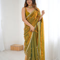 Premium Olive Green Fendy Satin Saree Embroidery Work for Women