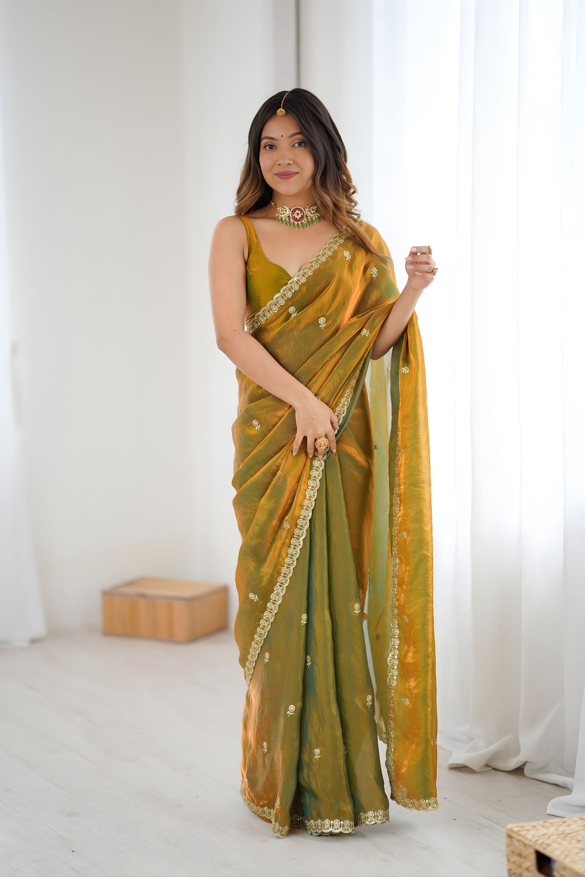 Premium Olive Green Fendy Satin Saree Embroidery Work for Women