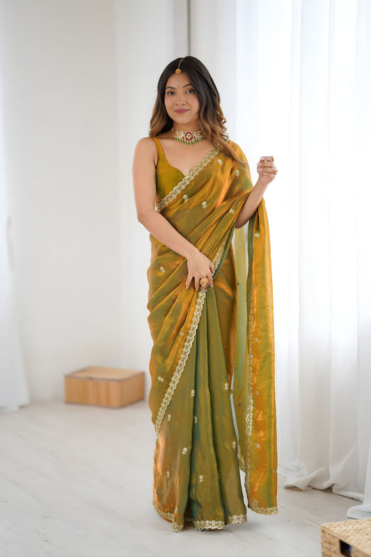 Premium Olive Green Fendy Satin Saree Embroidery Work for Women