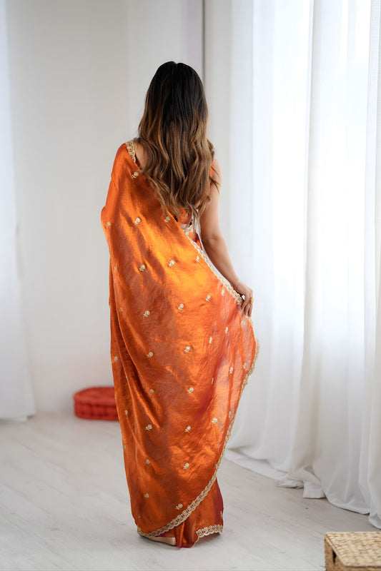 Stunning Rust Orange Fendy Satin Saree Embroidery Work for Women