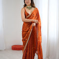 Stunning Rust Orange Fendy Satin Saree Embroidery Work for Women