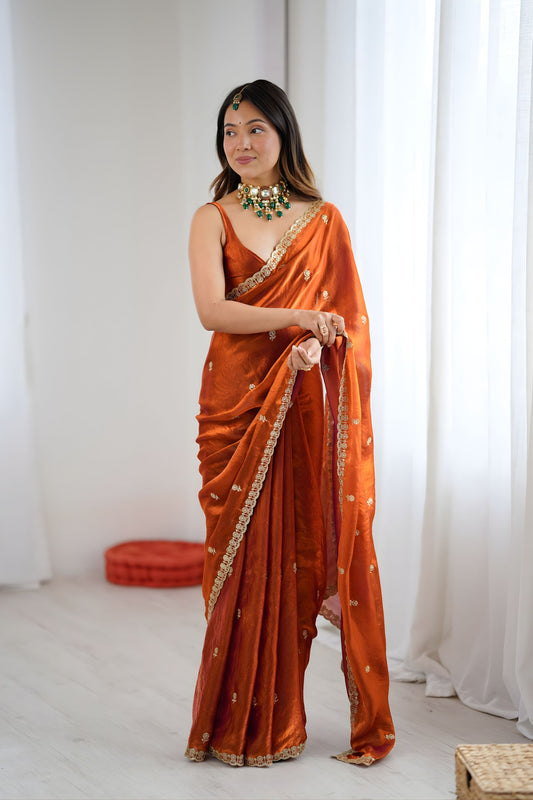 Stunning Rust Orange Fendy Satin Saree Embroidery Work for Women