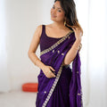 Stylish Purple Fendy Satin Saree Embroidery Work for Women