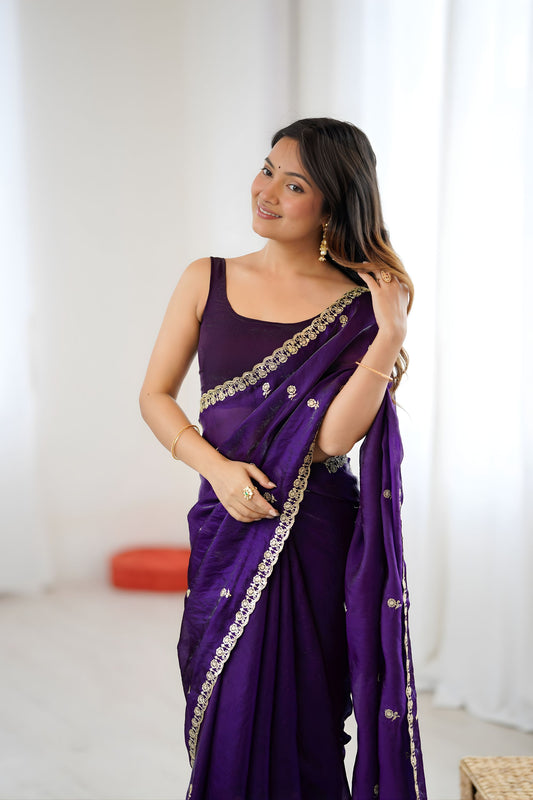 Stylish Purple Fendy Satin Saree Embroidery Work for Women