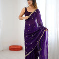 Stylish Purple Fendy Satin Saree Embroidery Work for Women